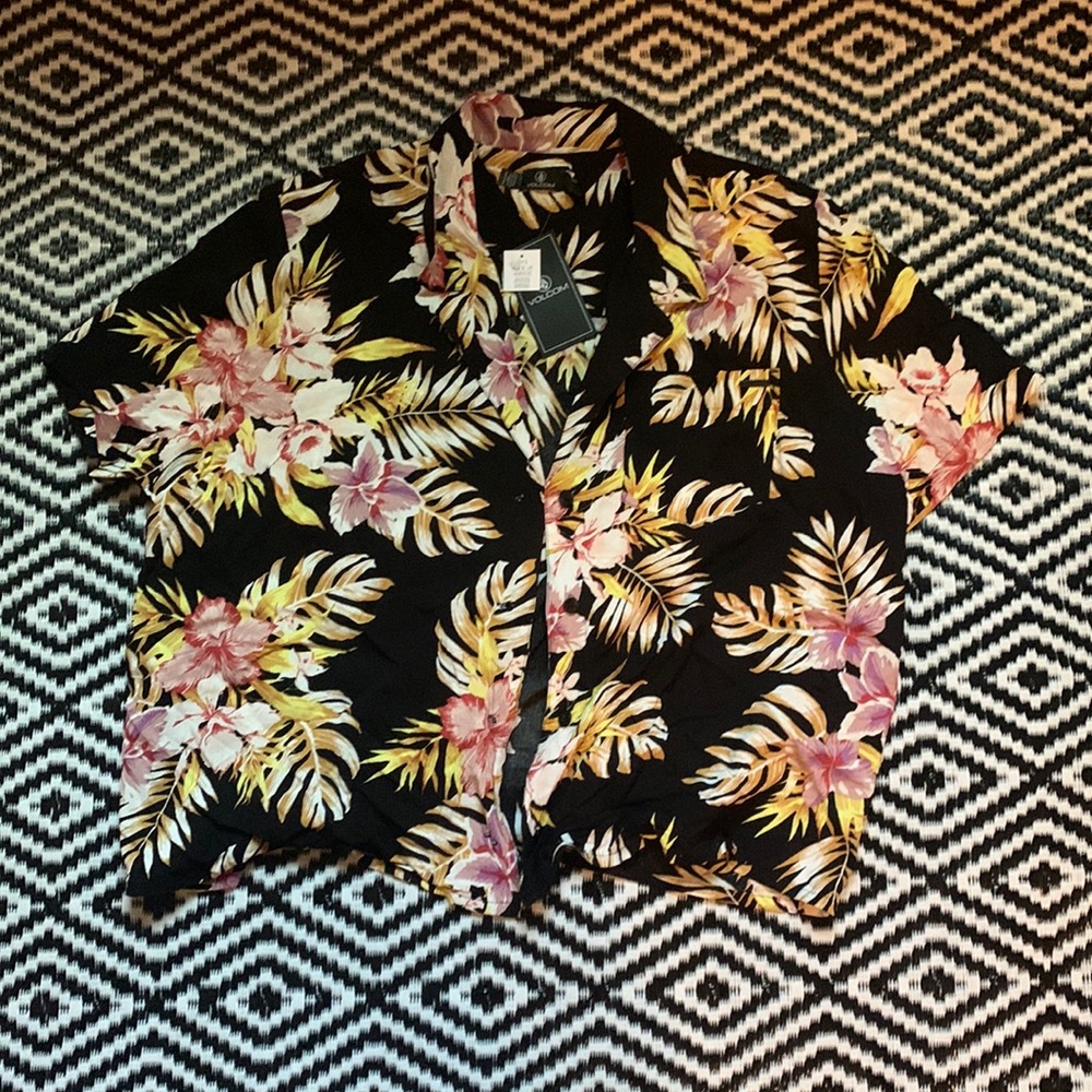 Volcom Black Floral Crop Top with Pink & Yellow Flowers